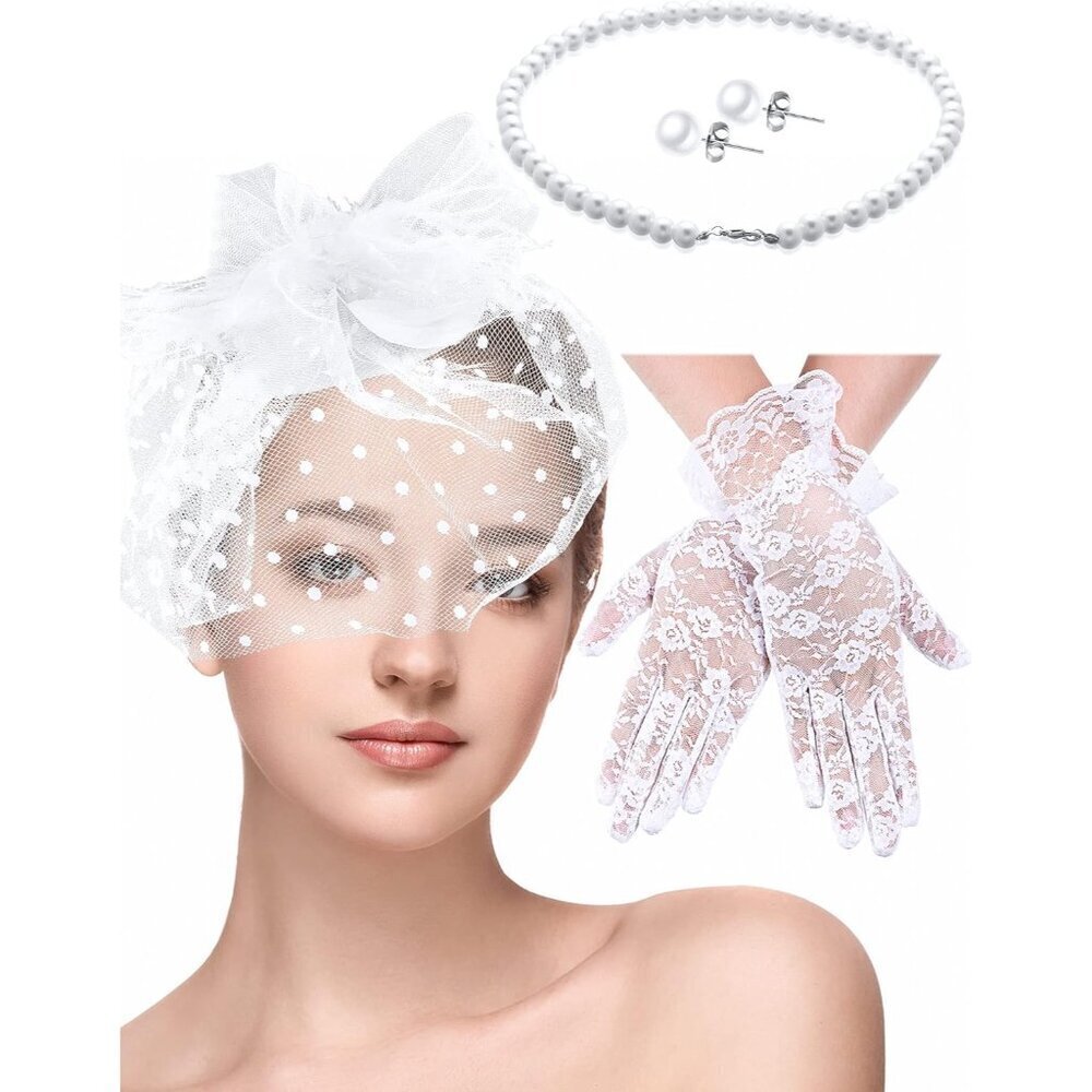 Women Fascinators Hat Lace Gloves Pearl Set for Wedding Tea Party Halloween
